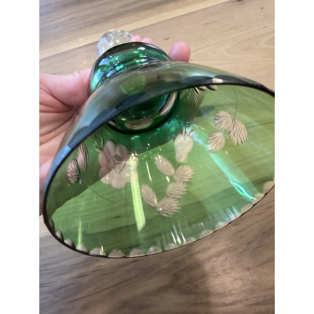 Vintage Emerald Green Cut Crystal Glass Hand Bell Floral Etched Clear Handle